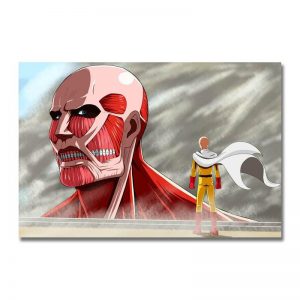 Poster Toile One Punch Man Saitama vs Le Titan Colossal Attaque des Titans 30x45cm Official Dr. Stone Merch